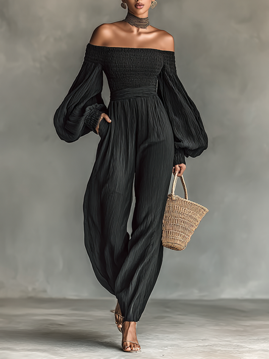 Women's Off-the-shoulder Long-sleeved Pleated Fabric Jumpsuit MDA1515G1Y