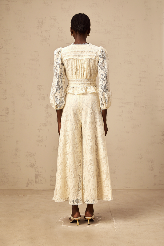 Jacinthe neutrals floral-lace blouse & trousers matching set (US Only)