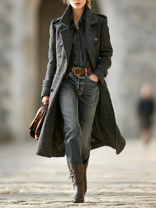 Women's Minimalist Woolen Blend Double-Breasted Lapel Epaulette Long Coat MDA2852I5Y