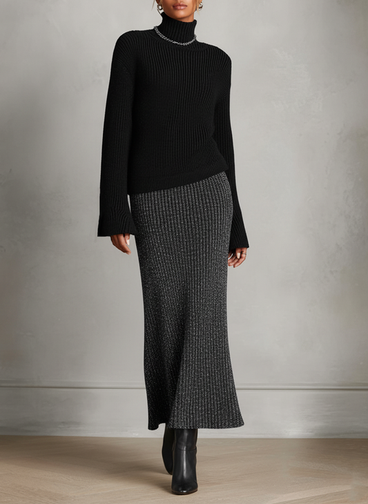 Women's Black Turtleneck Sweater And Gray Knit Skirt Set MDA1613J6Y