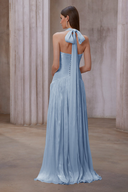 Uranie Blue Gathered Halterneck Maxi Dress with Boned Bodice and Train Design
