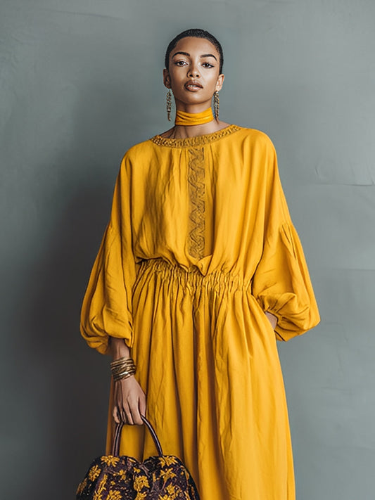 Women's Mustard Elegant Linen - Blend Lantern - Sleeve Lace - Trimmed Maxi Dress MDA1093J4I