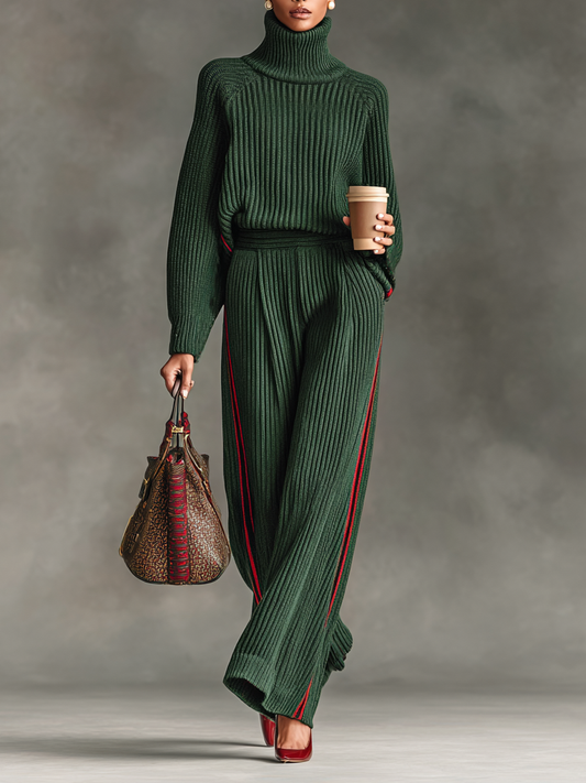 Women's Loose Red Trimmed Turtleneck Sweater Straight Pants Knitted Set MDA2420I4Y
