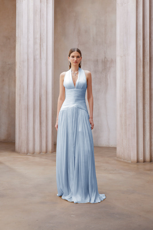 Uranie Blue Gathered Halterneck Maxi Dress with Boned Bodice and Train Design