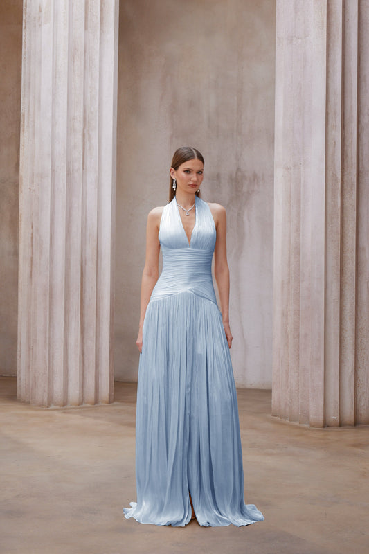 Uranie Blue Gathered Halterneck Maxi Dress with Boned Bodice and Train Design