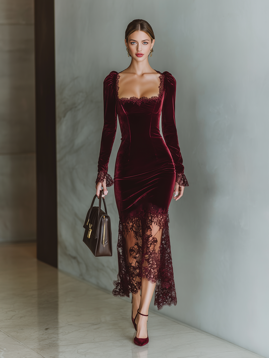Women's Burgundy Velvet Lace Fitted Maxi Dress MDA1190J4T