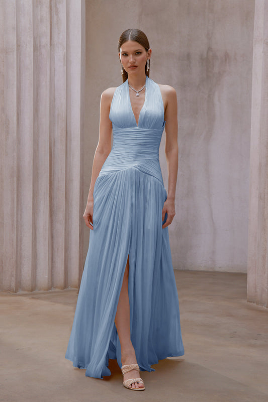 Uranie Blue Gathered Halterneck Maxi Dress with Boned Bodice and Train Design