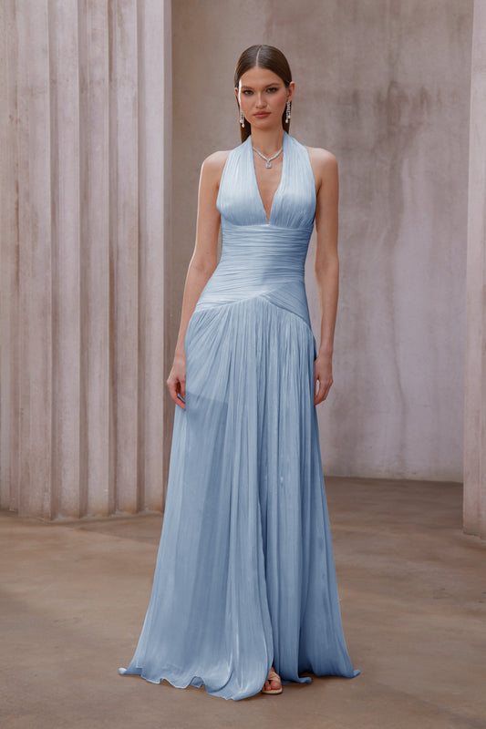 Uranie Blue Gathered Halterneck Maxi Dress with Boned Bodice and Train Design
