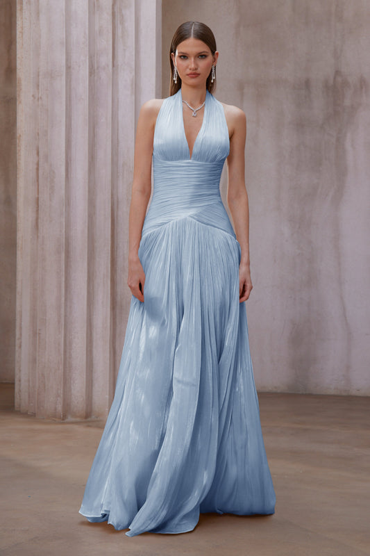 Uranie Blue Gathered Halterneck Maxi Dress with Boned Bodice and Train Design