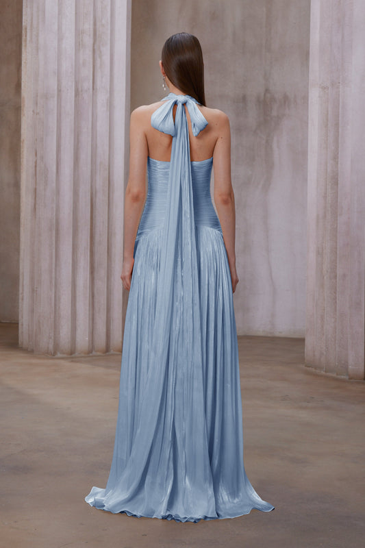 Uranie Blue Gathered Halterneck Maxi Dress with Boned Bodice and Train Design