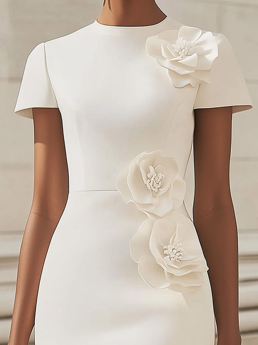 Women's Stylish White Midi Dress With Side Slit And 3D Flower Detail Mini Dress MDA0292H4I