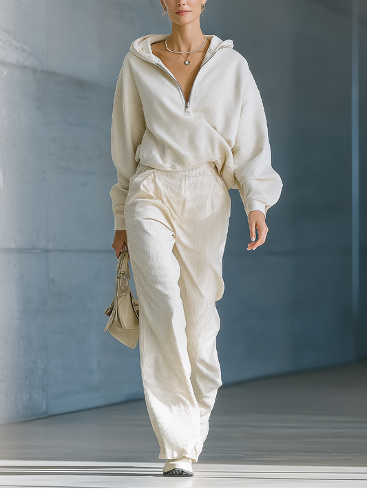 Women's Off-white Air Layer Hooded Sweatshirt And Corduroy Wide-leg Pants MDA1602J2T