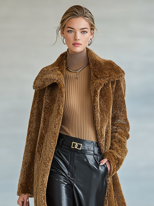 Women's Plush Blend Lapel Buttonless Mid-Length Coat MDA1075J2Y