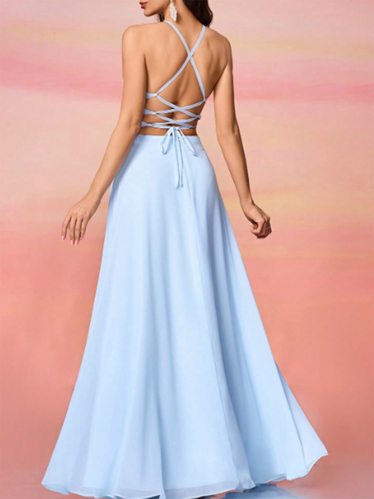 Women's Chiffon Lace Halter Backless Waisted Hem Slit Maxi Dress MDA1949F3Y