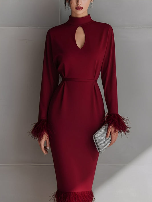 Women's Burgundy Glamorous Crepe Keyhole - Neck Feather - Trimmed Midi Dress MDA1444J3I