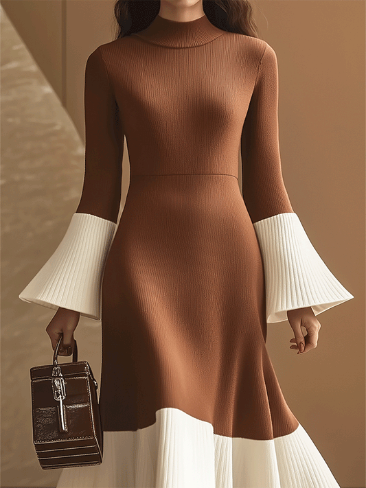Women's Elegant Turtleneck Contrast Color Knitted Maxi Dress With Flared Sleeves MDA0290H0I