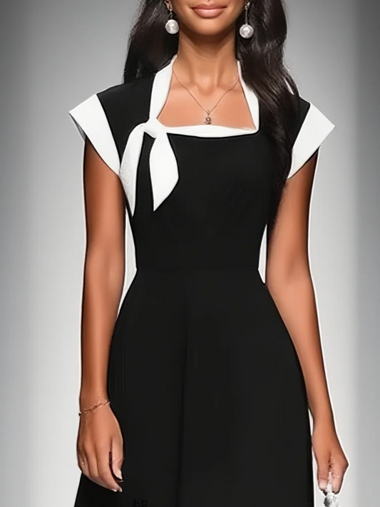 Women's Colorblock Square Neck Cap Shoulder Sleeve Waist Midi Dress MDA2447F4Y