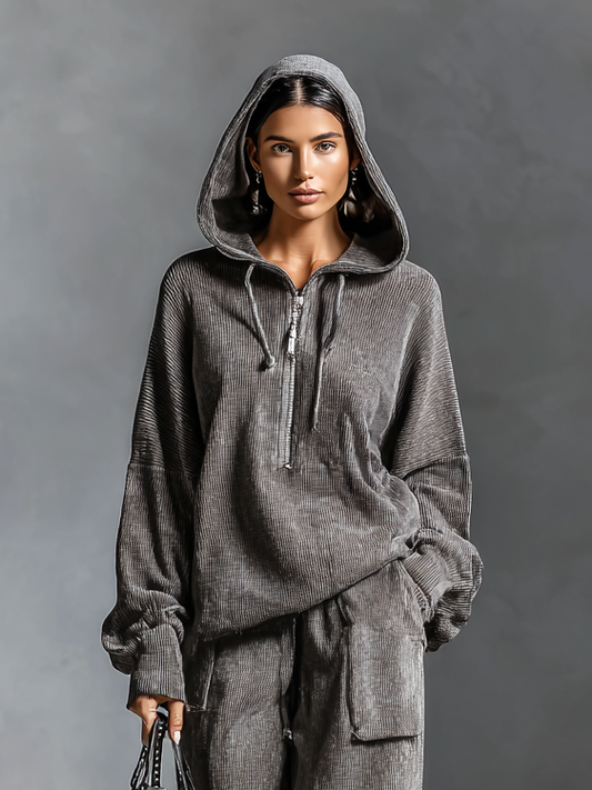 Women's Casual Corduroy Hooded Sweatshirt Straight Pants Set MDA1964H5Y