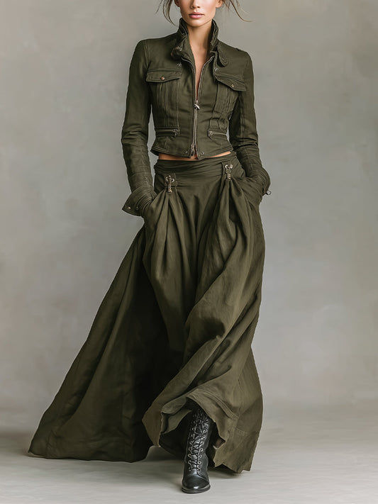 Women's Green Edgy 100% Cotton Zip - Front Cropped Jacket And Maxi Skirt Set MDA1819I7I