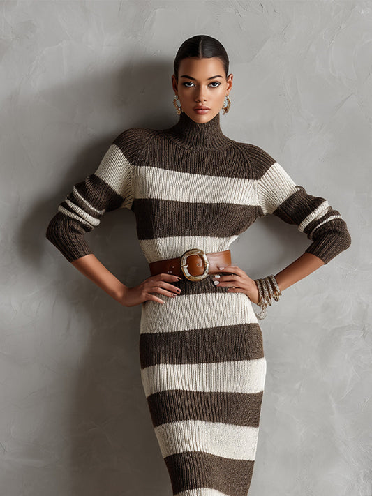 Women's Brown - White Elegant Ribbed Knit Turtleneck Striped Belted Midi Sweater Dress (without Belt) MDA3035I7I