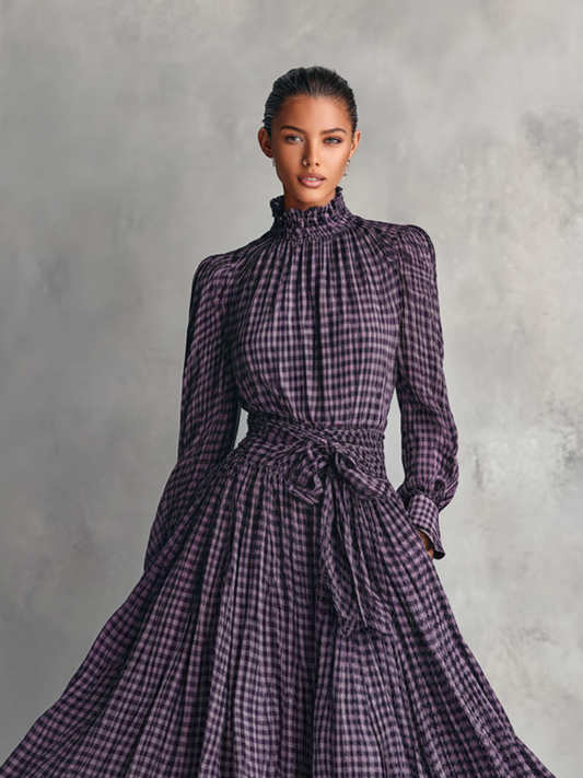 Women's Plaid Blended Half-high Collar Long-sleeved Blouse And Long Skirt Set MDA1676J3Y