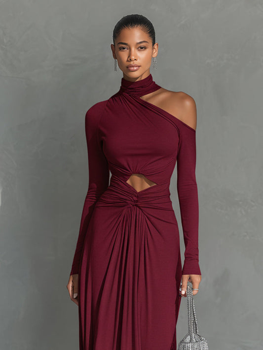 Women's Burgundy Glamorous Jersey One - Shoulder Cutout Ruched Maxi Dress MDA1640J9I