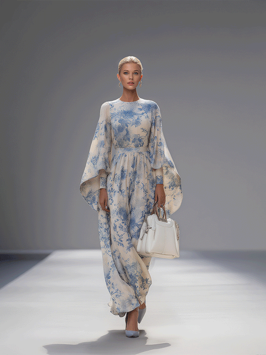 Women's Elegant Blended Printed Bell Sleeve High Waist Maxi Dress MDA3069G1I