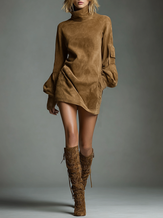 Women's Vintage Loose Suede Turtleneck Mini Dress MDA1693H3Y