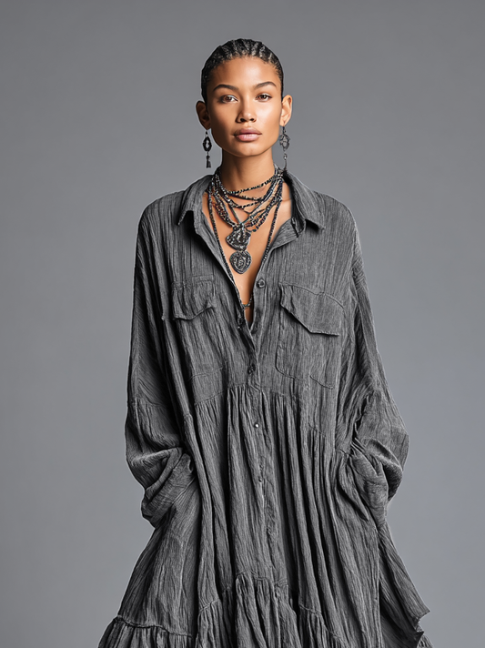 Women's Cotton And Linen Blend Loose Washed Shirt Maxi Dress MDA0486H7Y