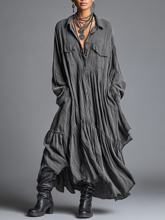 Women's Cotton And Linen Blend Loose Washed Shirt Maxi Dress MDA0486H7Y