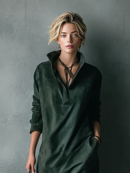 Women's Loose Suede Lapel Long Sleeve Midi Dress MDA1530H1Y