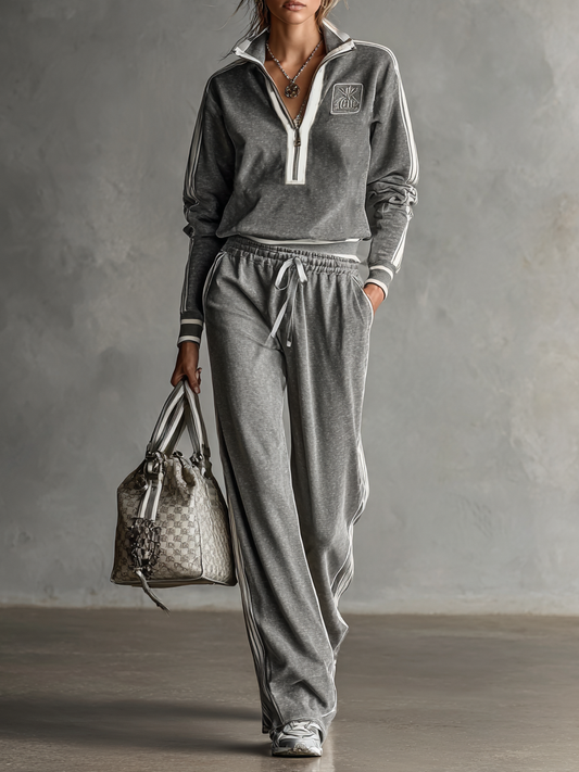 Women's Cotton Blend Embroidered White Trim Zipper Stand Collar Sweatshirt And Sweatpants Set MDA0782H9Y