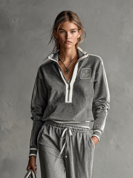 Women's Cotton Blend Embroidered White Trim Zipper Stand Collar Sweatshirt And Sweatpants Set MDA0782H9Y