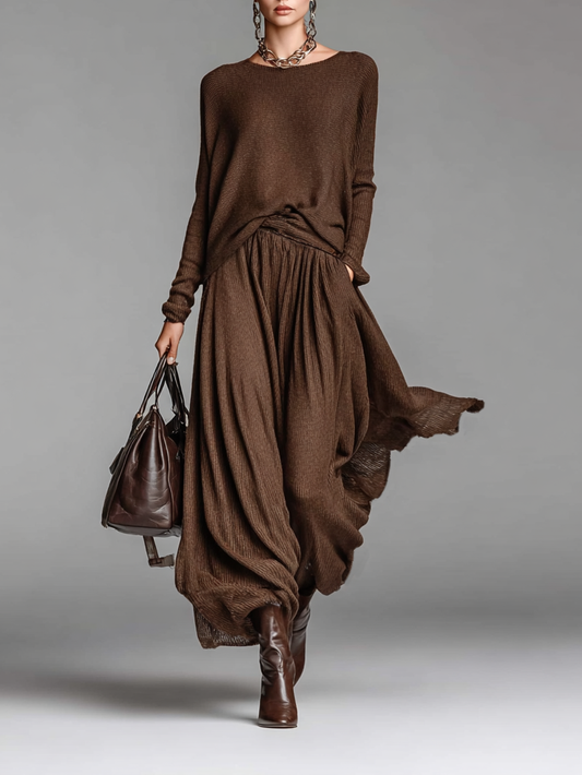 Women's Fashion Round Neck Knitted Sweater Skirt Set MDA0737H3Y