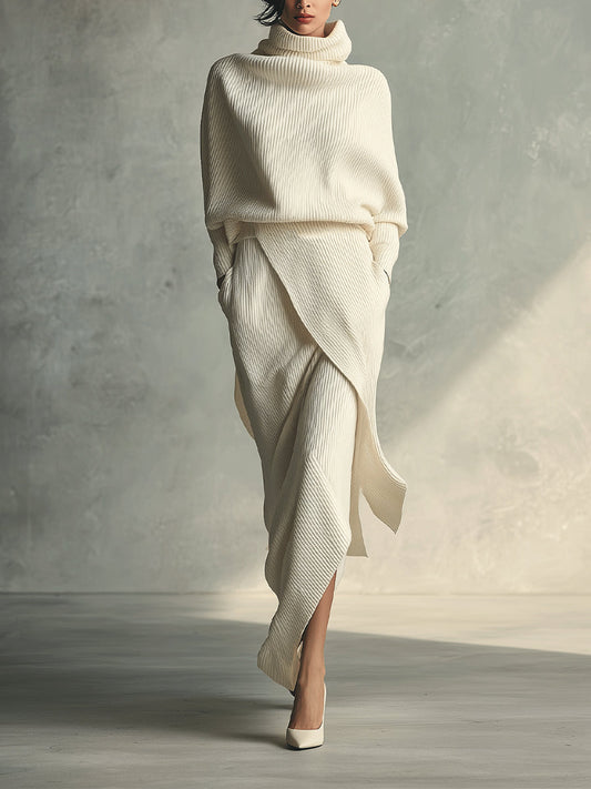 Women's Cream Elegant Rib - Knit Cowl Neck Wrap Skirt Set MDA1348H3I