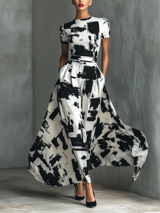 Women's Abstract Print Short Sleeve Maxi Dress MDA2452G9T