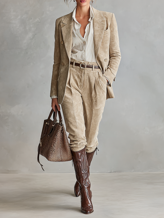 Women's Faux Suede Loose Blazer And Straight-Leg Trousers Set MDA2733H9Y