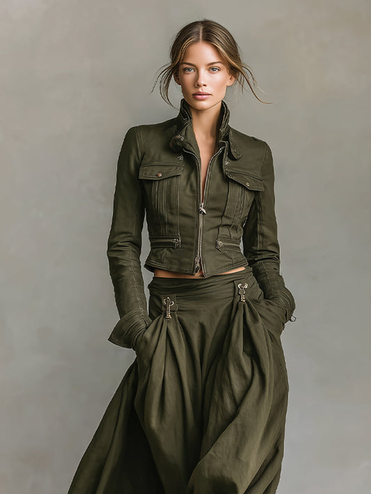 Women's Green Edgy 100% Cotton Zip - Front Cropped Jacket And Maxi Skirt Set MDA1819I7I